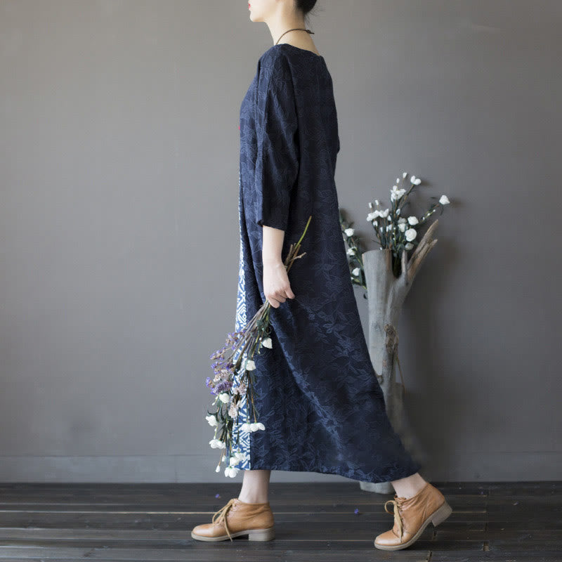 Robe mi-longue en jacquard brodé de fleurs bleues et de pierres de Buddha Stones , robe en coton à manches trois-quarts avec poches
