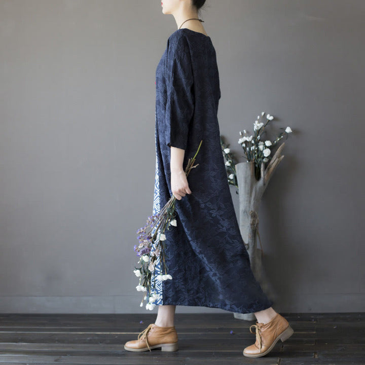 Robe mi-longue en jacquard brodé de fleurs bleues et de pierres de Buddha Stones , robe en coton à manches trois-quarts avec poches