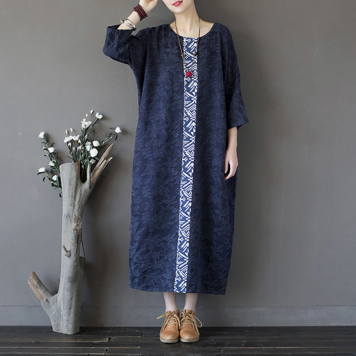 Robe mi-longue en jacquard brodé de fleurs bleues et de pierres de Buddha Stones , robe en coton à manches trois-quarts avec poches