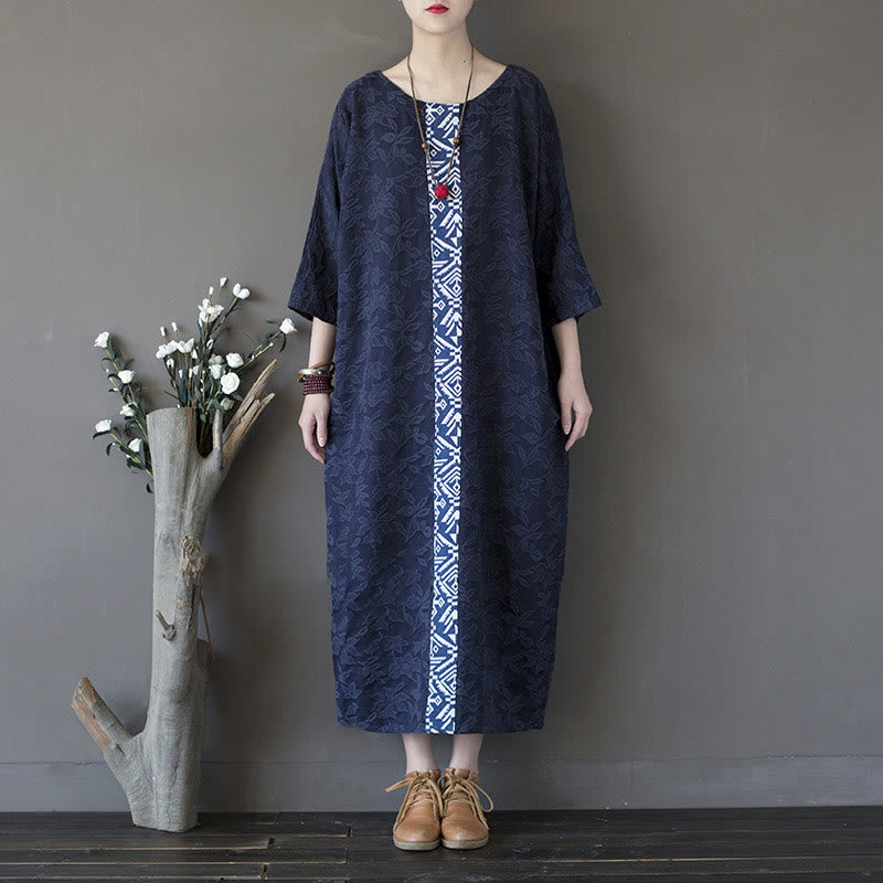 Robe mi-longue en jacquard brodé de fleurs bleues et de pierres de Buddha Stones , robe en coton à manches trois-quarts avec poches