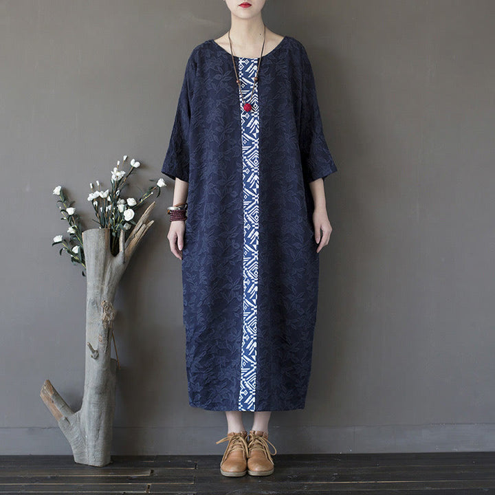 Robe mi-longue en jacquard brodé de fleurs bleues et de pierres de Buddha Stones , robe en coton à manches trois-quarts avec poches