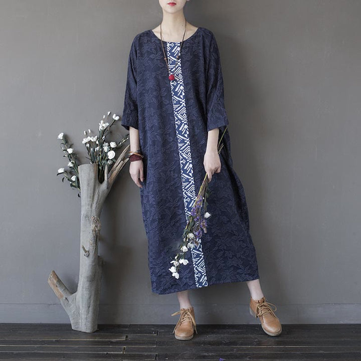 Robe mi-longue en jacquard brodé de fleurs bleues et de pierres de Buddha Stones , robe en coton à manches trois-quarts avec poches
