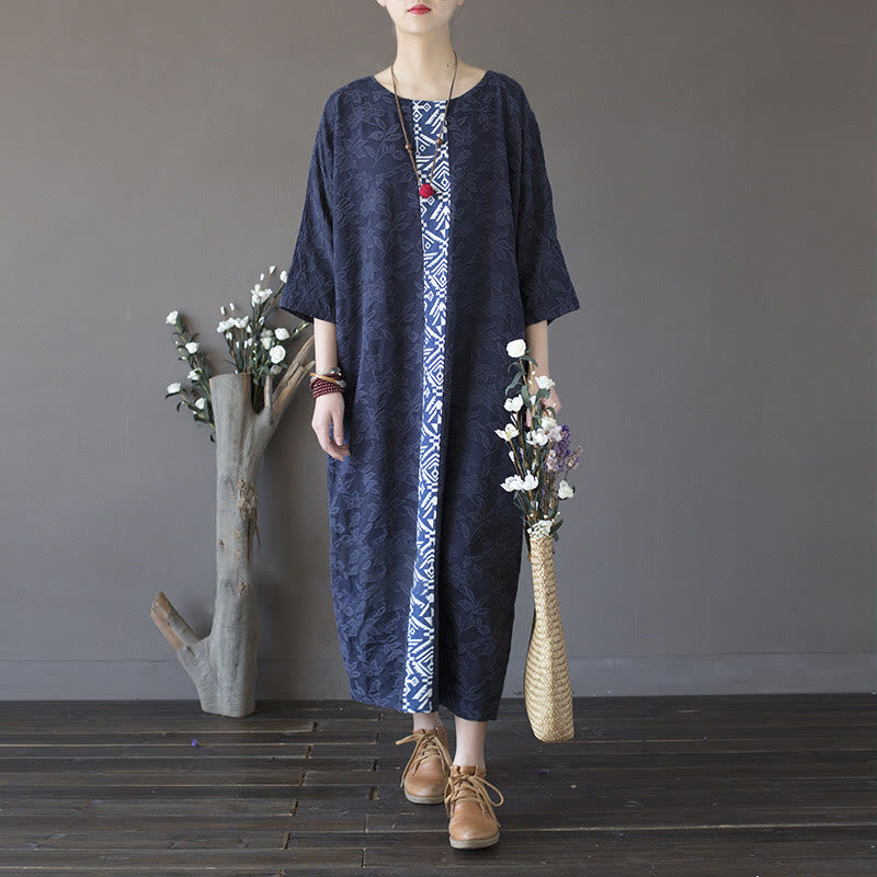 Robe mi-longue en jacquard brodé de fleurs bleues et de pierres de Buddha Stones , robe en coton à manches trois-quarts avec poches