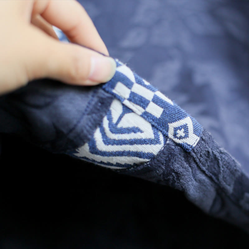 Robe mi-longue en jacquard brodé de fleurs bleues et de pierres de Buddha Stones , robe en coton à manches trois-quarts avec poches - image 9