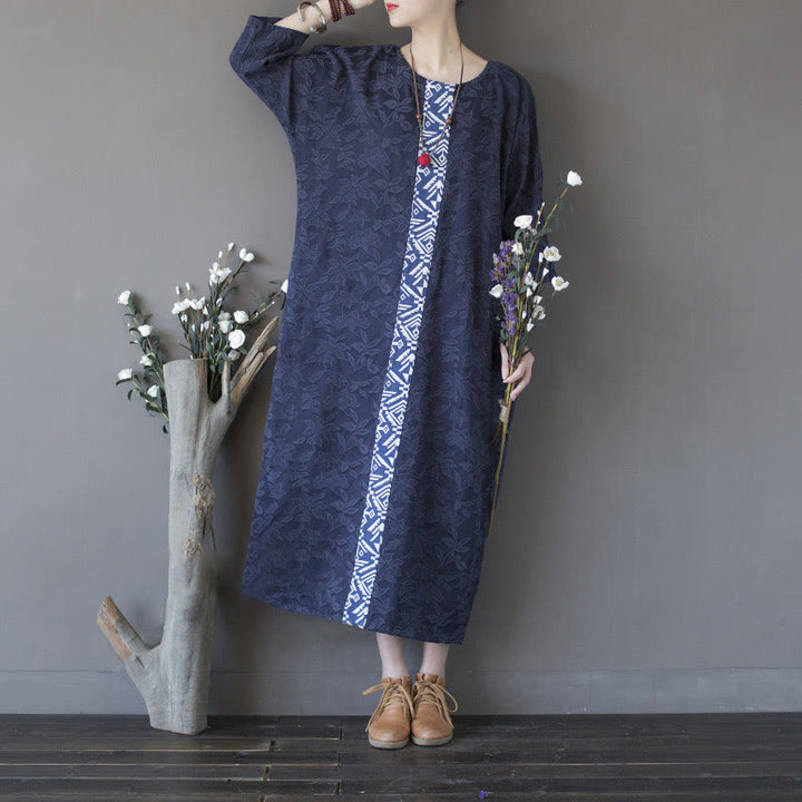 Robe mi-longue en jacquard brodé de fleurs bleues et de pierres de Buddha Stones , robe en coton à manches trois-quarts avec poches