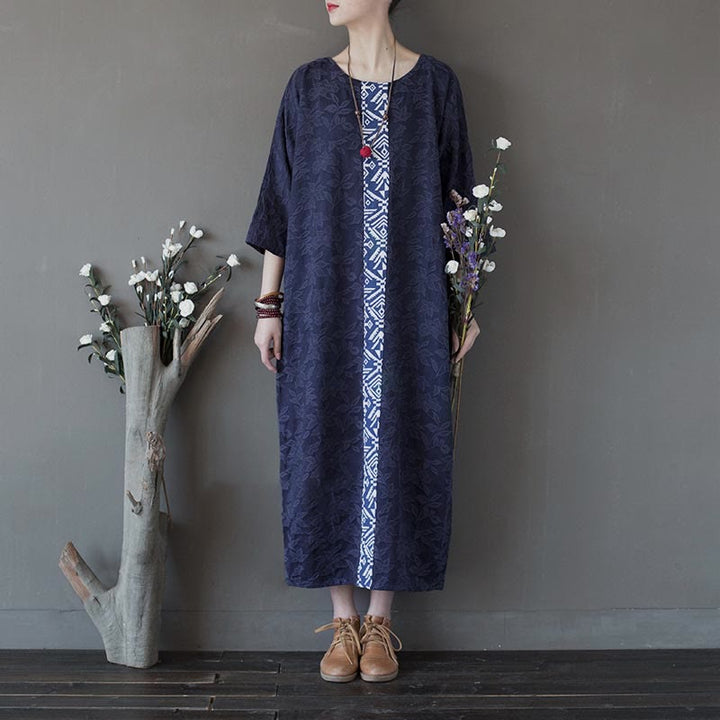 Robe mi-longue en jacquard brodé de fleurs bleues et de pierres de Buddha Stones , robe en coton à manches trois-quarts avec poches