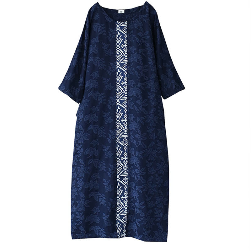 Robe mi-longue en jacquard brodé de fleurs bleues et de pierres de Buddha Stones , robe en coton à manches trois-quarts avec poches