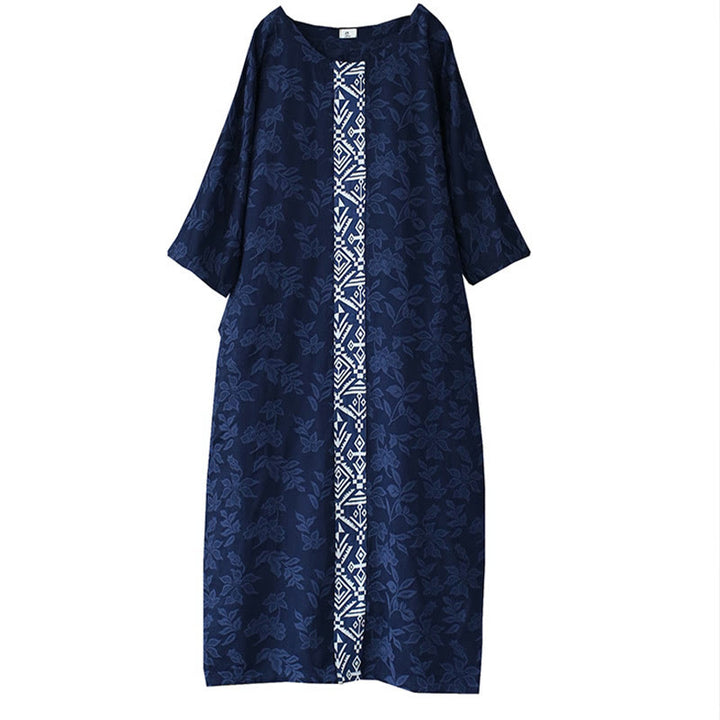 Robe mi-longue en jacquard brodé de fleurs bleues et de pierres de Buddha Stones , robe en coton à manches trois-quarts avec poches
