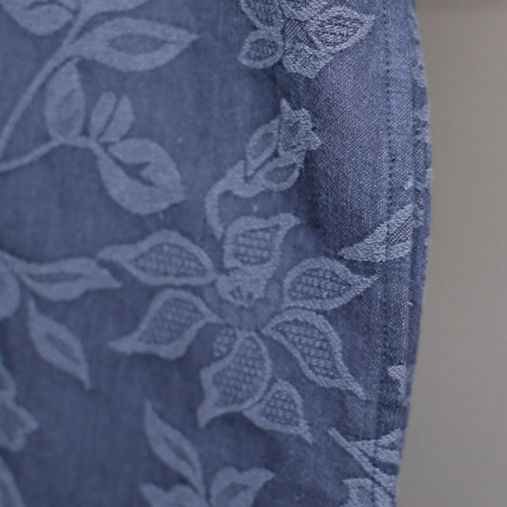 Robe mi-longue en jacquard brodé de fleurs bleues et de pierres de Buddha Stones , robe en coton à manches trois-quarts avec poches
