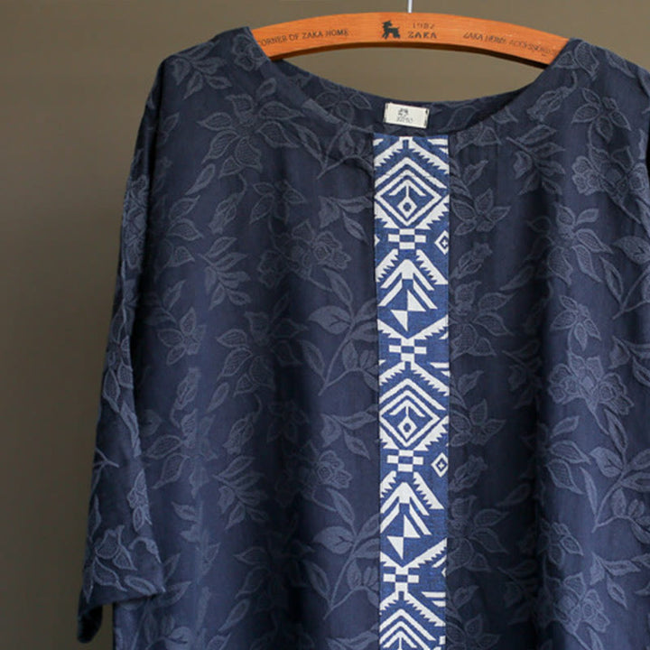 Robe mi-longue en jacquard brodé de fleurs bleues et de pierres de Buddha Stones , robe en coton à manches trois-quarts avec poches