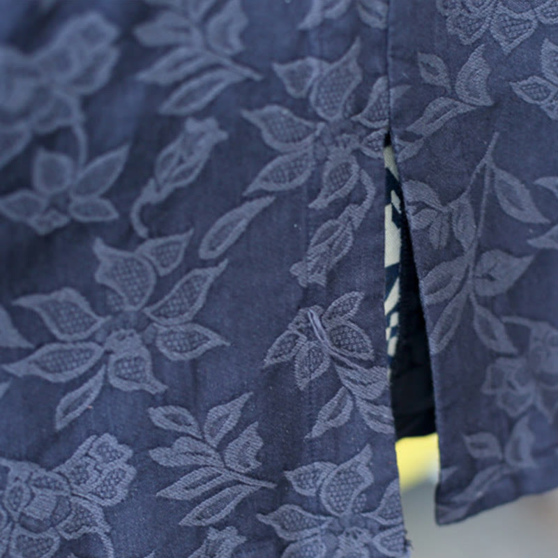 Robe mi-longue en jacquard brodé de fleurs bleues et de pierres de Buddha Stones , robe en coton à manches trois-quarts avec poches