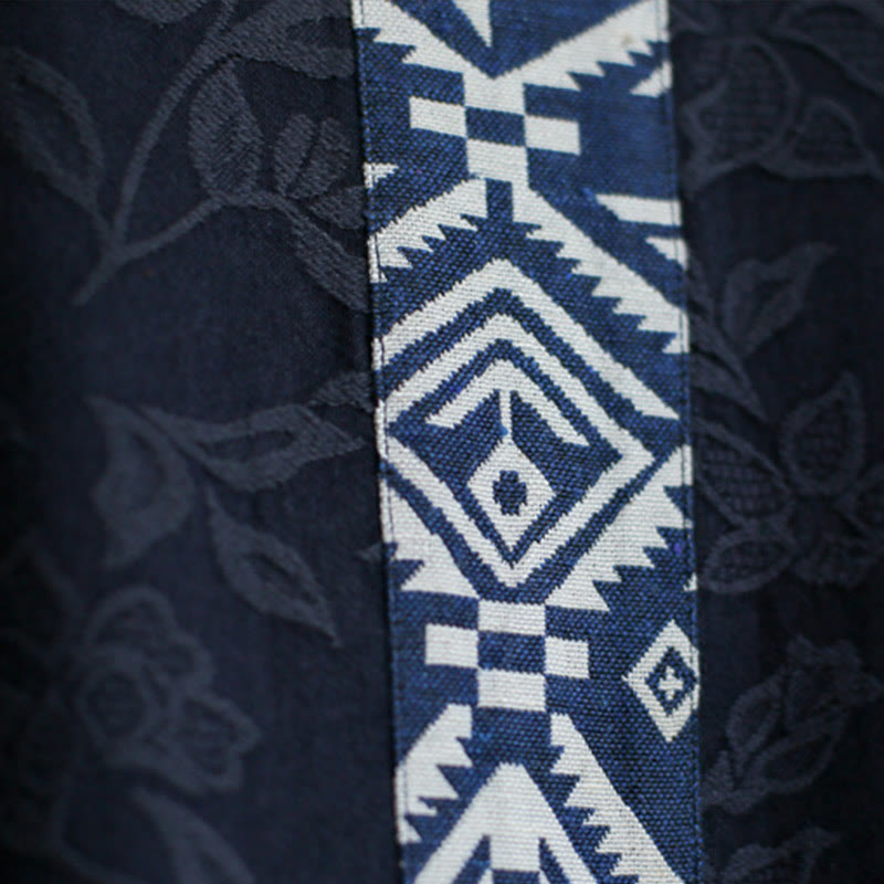 Robe mi-longue en jacquard brodé de fleurs bleues et de pierres de Buddha Stones , robe en coton à manches trois-quarts avec poches