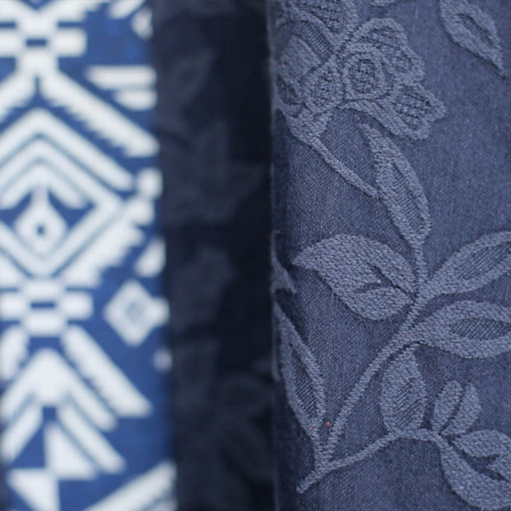 Robe mi-longue en jacquard brodé de fleurs bleues et de pierres de Buddha Stones , robe en coton à manches trois-quarts avec poches
