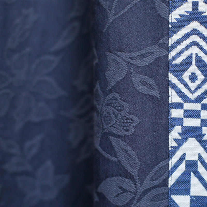 Robe mi-longue en jacquard brodé de fleurs bleues et de pierres de Buddha Stones , robe en coton à manches trois-quarts avec poches