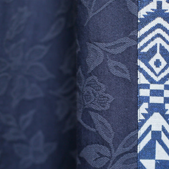 Robe mi-longue en jacquard brodé de fleurs bleues et de pierres de Buddha Stones , robe en coton à manches trois-quarts avec poches