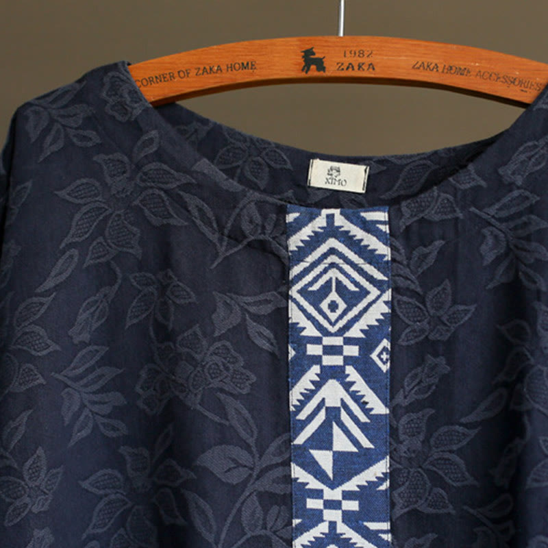 Robe mi-longue en jacquard brodé de fleurs bleues et de pierres de Buddha Stones , robe en coton à manches trois-quarts avec poches