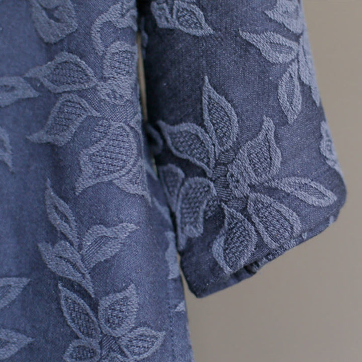 Robe mi-longue en jacquard brodé de fleurs bleues et de pierres de Buddha Stones , robe en coton à manches trois-quarts avec poches