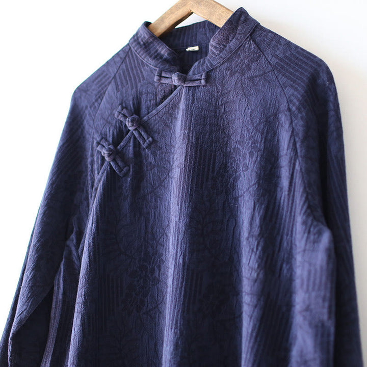 Robe mi-longue en jacquard à fleurs et Buddha Stones Robe en coton et lin à manches longues Pantalon large avec poches