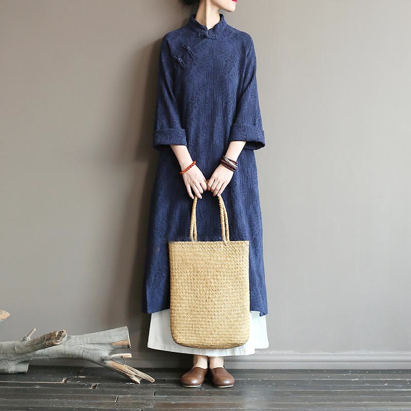 Robe mi-longue en jacquard à fleurs et Buddha Stones Robe en coton et lin à manches longues Pantalon large avec poches