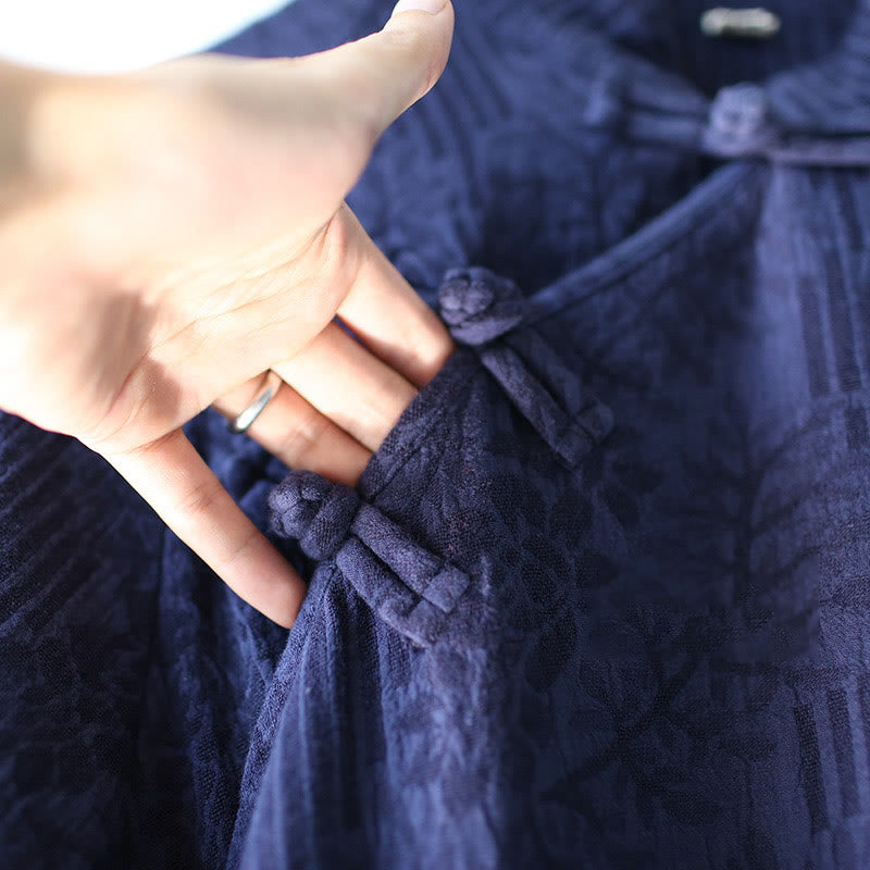 Robe midi jacquard à motif de fleurs et Buddha Stones , manches longues, en coton et lin, pantalon large à poches - image 11