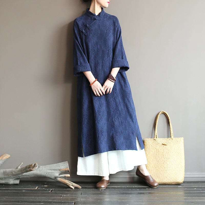Robe mi-longue en jacquard à fleurs et Buddha Stones Robe en coton et lin à manches longues Pantalon large avec poches