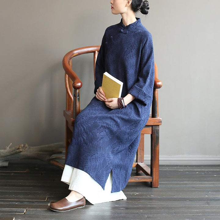 Robe midi jacquard à motif de fleurs et Buddha Stones , manches longues, en coton et lin, pantalon large à poches - image 7