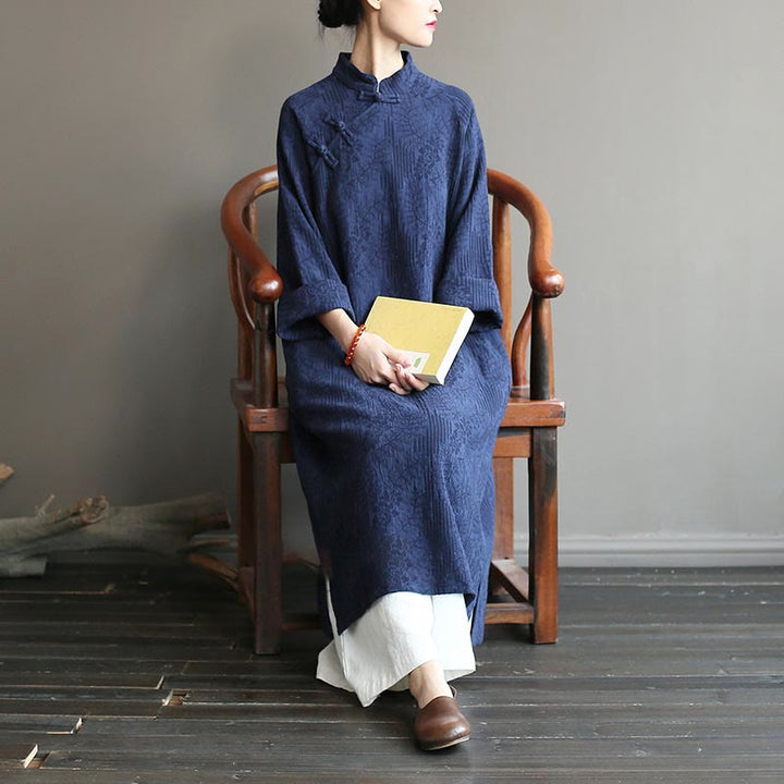 Robe mi-longue en jacquard à fleurs et Buddha Stones Robe en coton et lin à manches longues Pantalon large avec poches