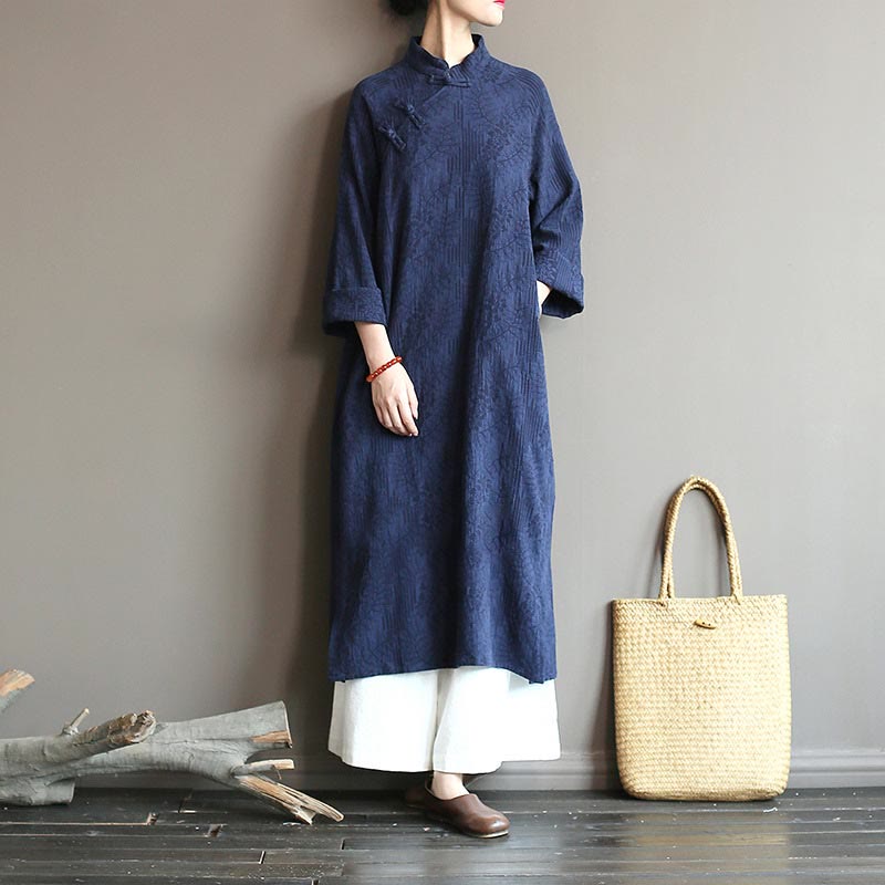 Robe mi-longue en jacquard à fleurs et Buddha Stones Robe en coton et lin à manches longues Pantalon large avec poches