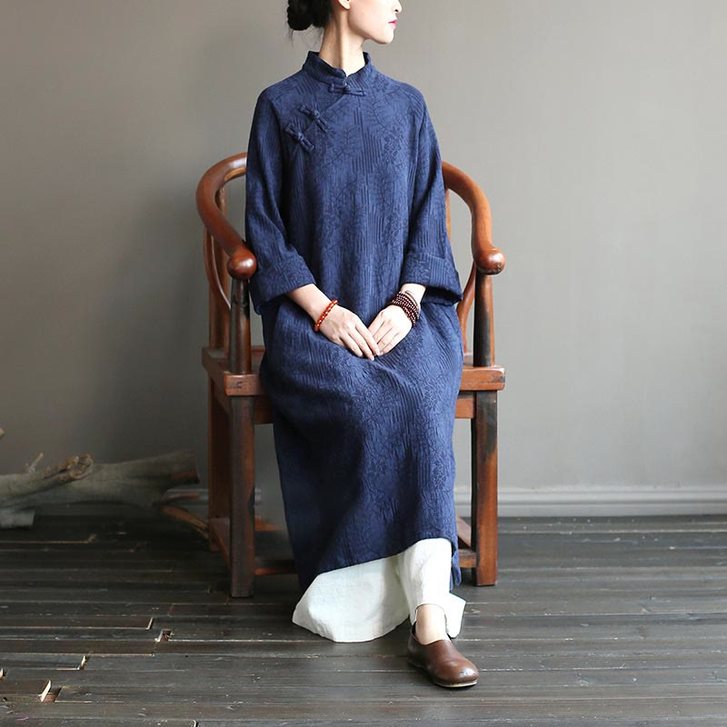 Robe mi-longue en jacquard à fleurs et Buddha Stones Robe en coton et lin à manches longues Pantalon large avec poches