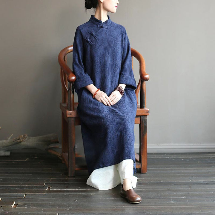 Robe mi-longue en jacquard à fleurs et Buddha Stones Robe en coton et lin à manches longues Pantalon large avec poches
