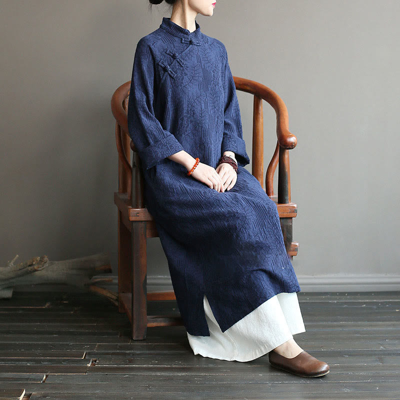 Robe midi jacquard à motif de fleurs et Buddha Stones , manches longues, en coton et lin, pantalon large à poches - image 6