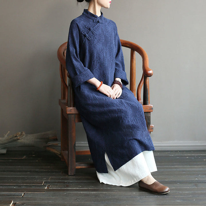 Robe midi jacquard à motif de fleurs et Buddha Stones , manches longues, en coton et lin, pantalon large à poches - image 6