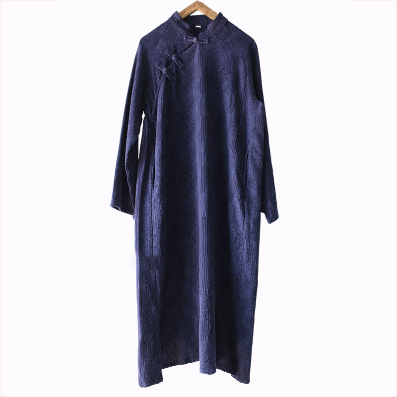 Robe mi-longue en jacquard à fleurs et Buddha Stones Robe en coton et lin à manches longues Pantalon large avec poches
