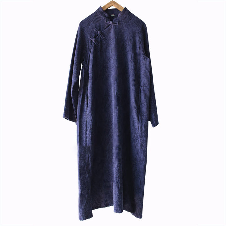 Robe mi-longue en jacquard à fleurs et Buddha Stones Robe en coton et lin à manches longues Pantalon large avec poches