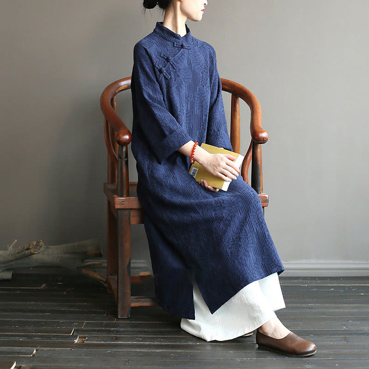 Robe mi-longue en jacquard à fleurs et Buddha Stones Robe en coton et lin à manches longues Pantalon large avec poches