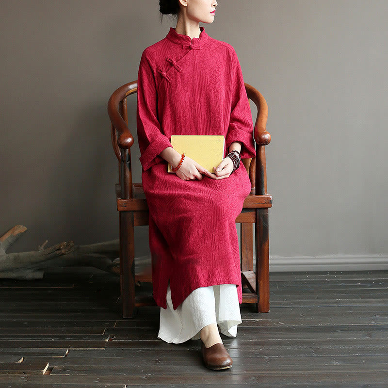 Robe midi jacquard à motif de fleurs et Buddha Stones , manches longues, en coton et lin, pantalon large à poches - image 25