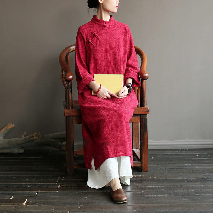 Robe midi jacquard à motif de fleurs et Buddha Stones , manches longues, en coton et lin, pantalon large à poches - image 25