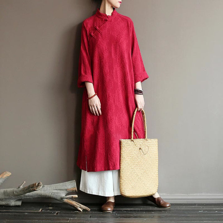 Robe mi-longue en jacquard à fleurs et Buddha Stones Robe en coton et lin à manches longues Pantalon large avec poches