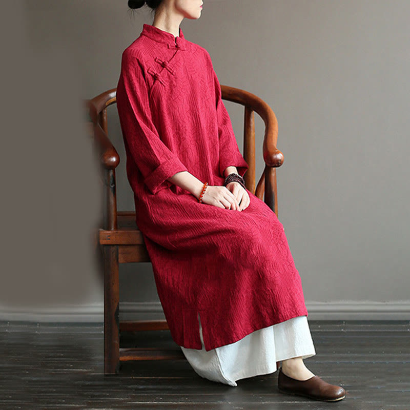 Robe mi-longue en jacquard à fleurs et Buddha Stones Robe en coton et lin à manches longues Pantalon large avec poches