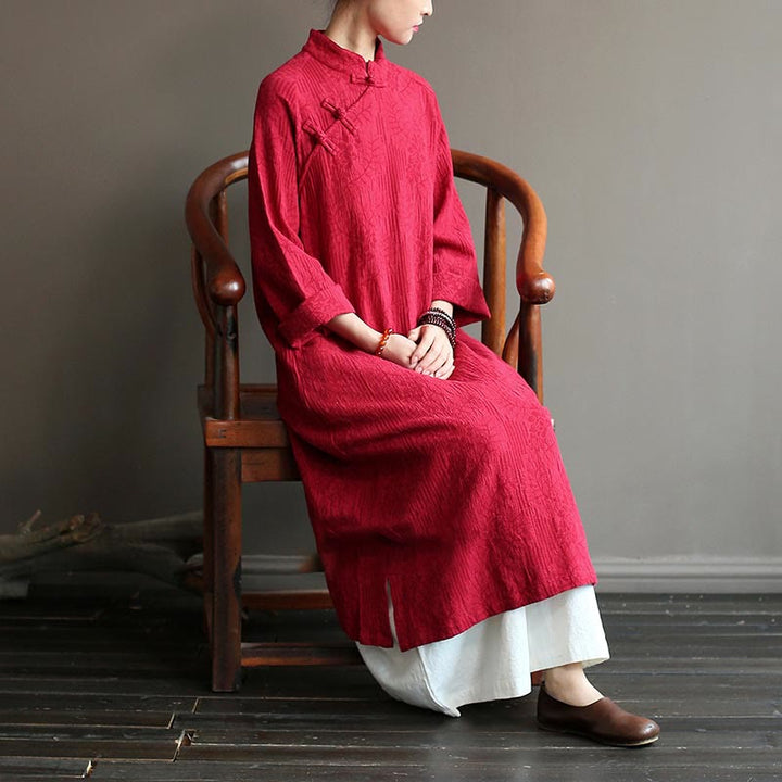 Robe mi-longue en jacquard à fleurs et Buddha Stones Robe en coton et lin à manches longues Pantalon large avec poches