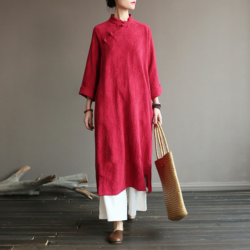 Robe mi-longue en jacquard à fleurs et Buddha Stones Robe en coton et lin à manches longues Pantalon large avec poches
