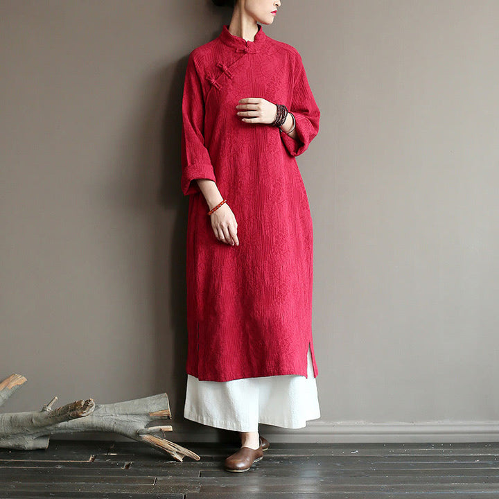 Robe mi-longue en jacquard à fleurs et Buddha Stones Robe en coton et lin à manches longues Pantalon large avec poches