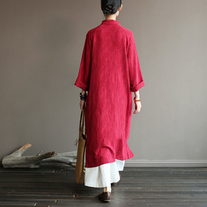 Robe midi jacquard à motif de fleurs et Buddha Stones , manches longues, en coton et lin, pantalon large à poches - image 18