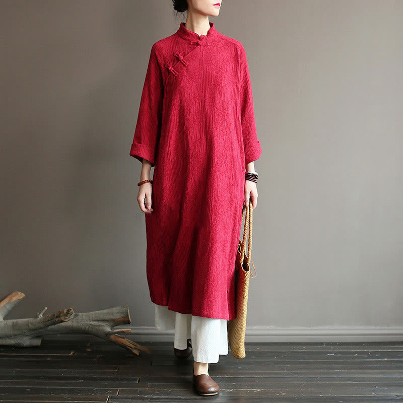 Robe mi-longue en jacquard à fleurs et Buddha Stones Robe en coton et lin à manches longues Pantalon large avec poches