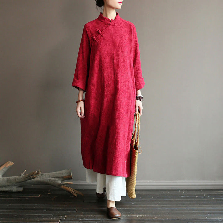 Robe mi-longue en jacquard à fleurs et Buddha Stones Robe en coton et lin à manches longues Pantalon large avec poches