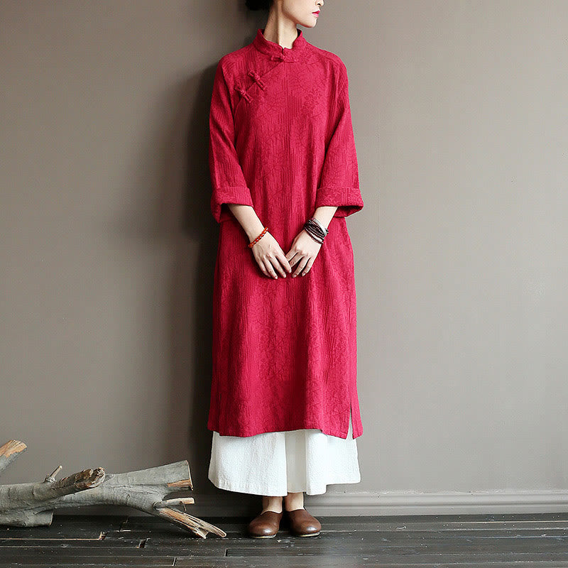 Robe midi jacquard à motif de fleurs et Buddha Stones , manches longues, en coton et lin, pantalon large à poches - image 19