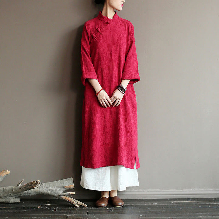 Robe midi jacquard à motif de fleurs et Buddha Stones , manches longues, en coton et lin, pantalon large à poches - image 19