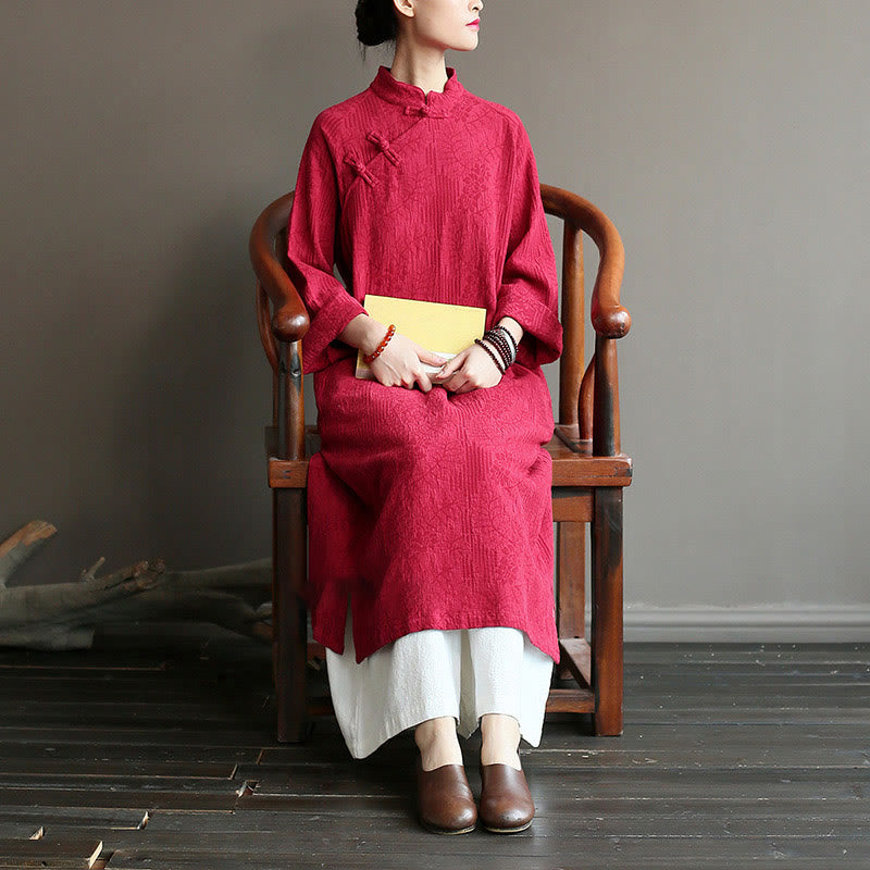 Robe midi jacquard à motif de fleurs et Buddha Stones , manches longues, en coton et lin, pantalon large à poches - image 32