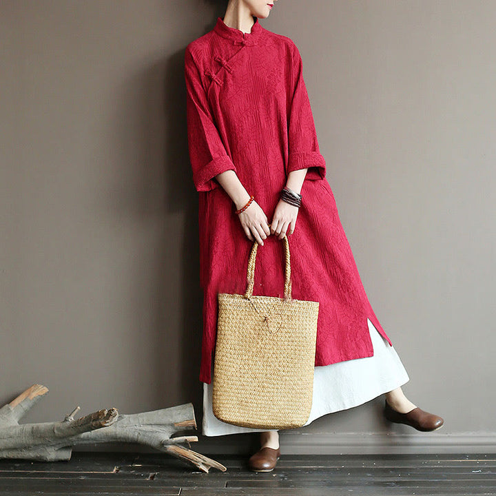 Robe mi-longue en jacquard à fleurs et Buddha Stones Robe en coton et lin à manches longues Pantalon large avec poches