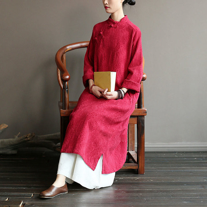 Robe mi-longue en jacquard à fleurs et Buddha Stones Robe en coton et lin à manches longues Pantalon large avec poches
